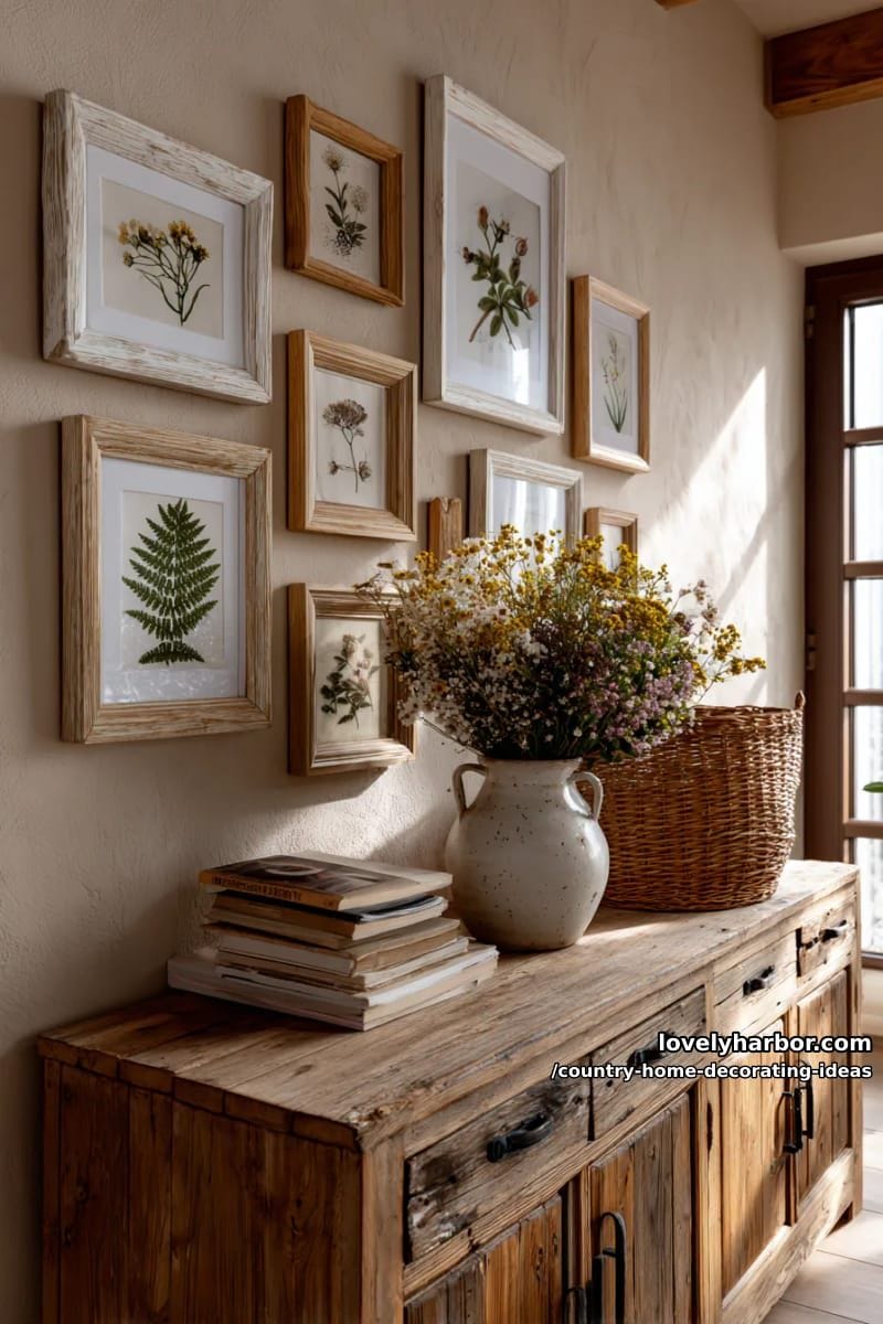 display a wall collage of vintage botanical prints in mismatched wooden frames. 1
