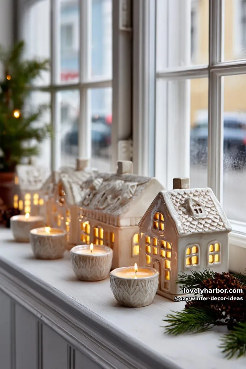 15 Winter Decor Ideas for a Cozy Home Retreat 13 display miniature ceramic houses illuminated by tea lights on window sills. 1