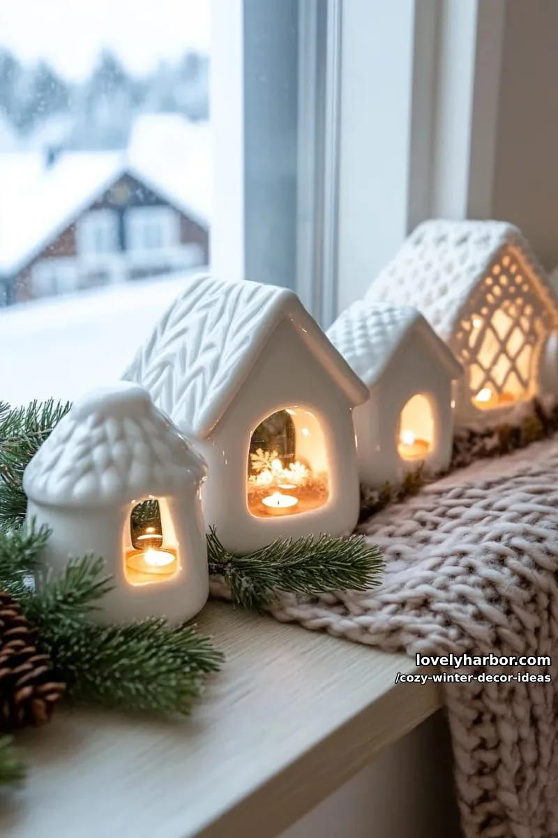 15 Winter Decor Ideas for a Cozy Home Retreat 14 display miniature ceramic houses illuminated by tea lights on window sills. 1