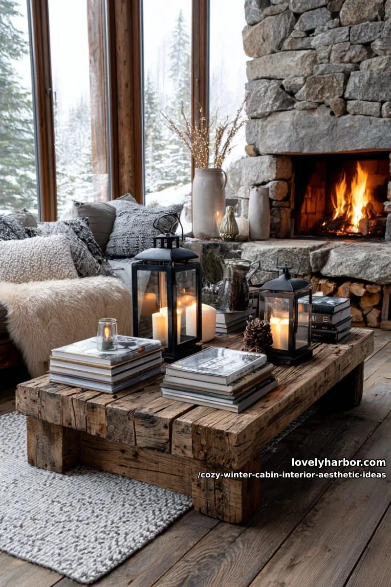 15 Cozy Winter Cabin Interior Ideas for an Aesthetic Retreat 27 display stacks of cozy books and lanterns on reclaimed wood coffee tables. 1
