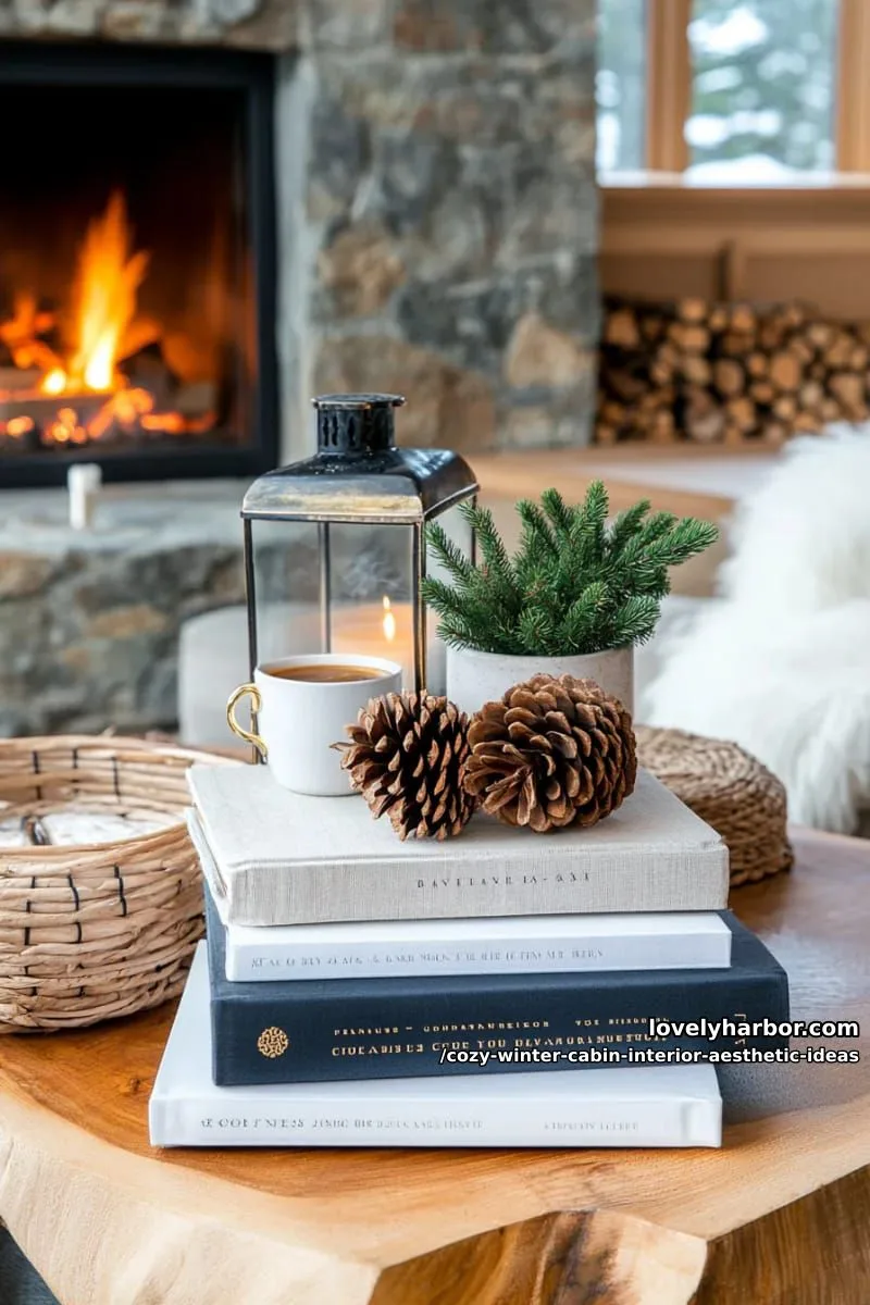 15 Cozy Winter Cabin Interior Ideas for an Aesthetic Retreat 28 display stacks of cozy books and lanterns on reclaimed wood coffee tables. 1