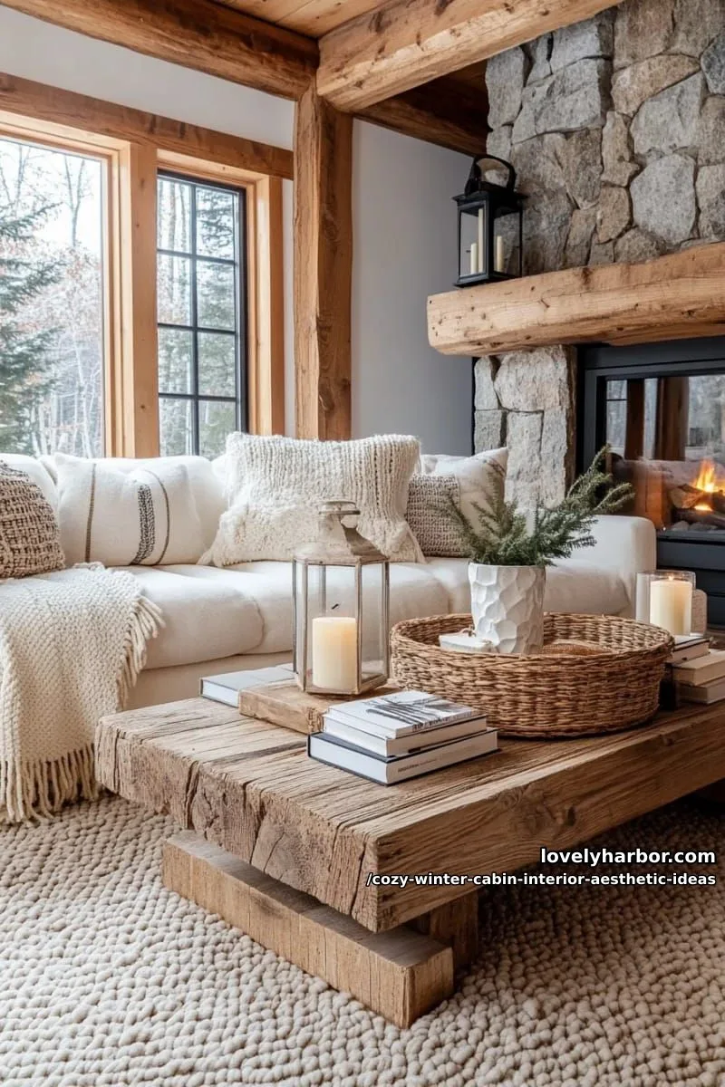 15 Cozy Winter Cabin Interior Ideas for an Aesthetic Retreat 29 display stacks of cozy books and lanterns on reclaimed wood coffee tables. 1