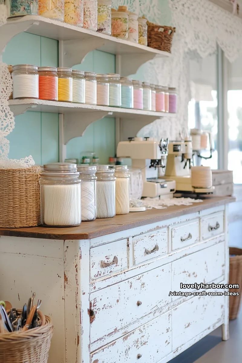 distressed farmhouse hutch displaying spools, lace trims, and mason jars 1