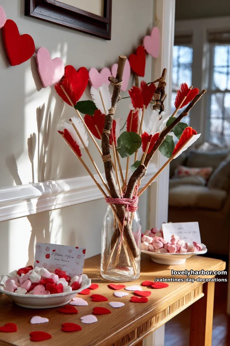 diy cupid bow and arrow display by the entryway 1
