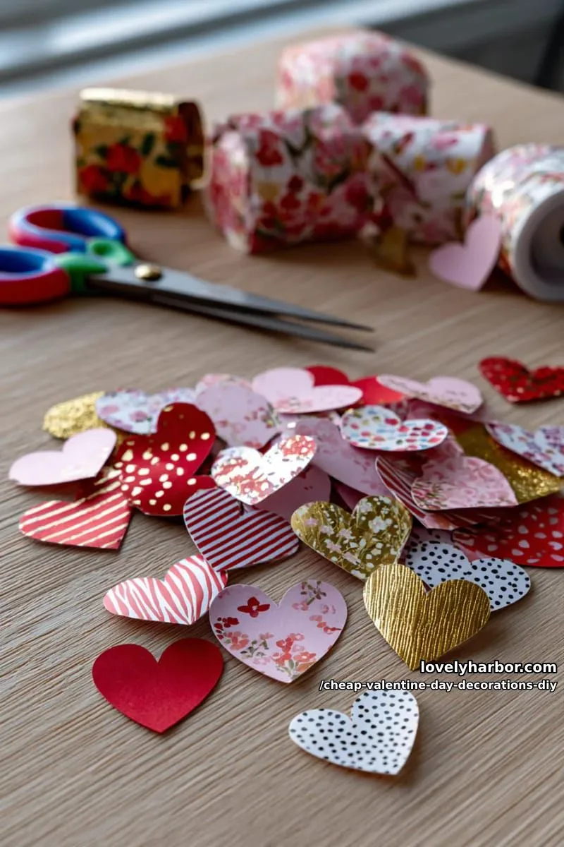 diy heart confetti table scatter made from leftover wrapping paper 1
