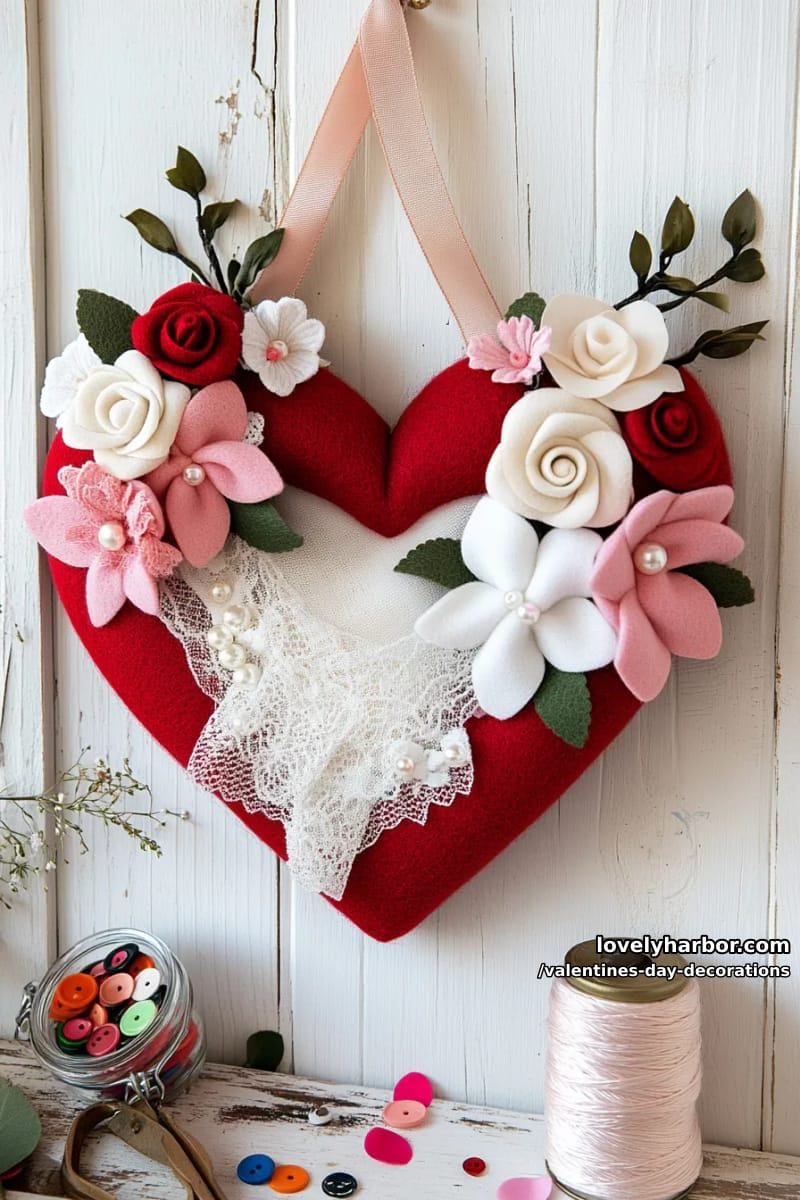 diy heart-shaped wreath with layered felt and lace 1