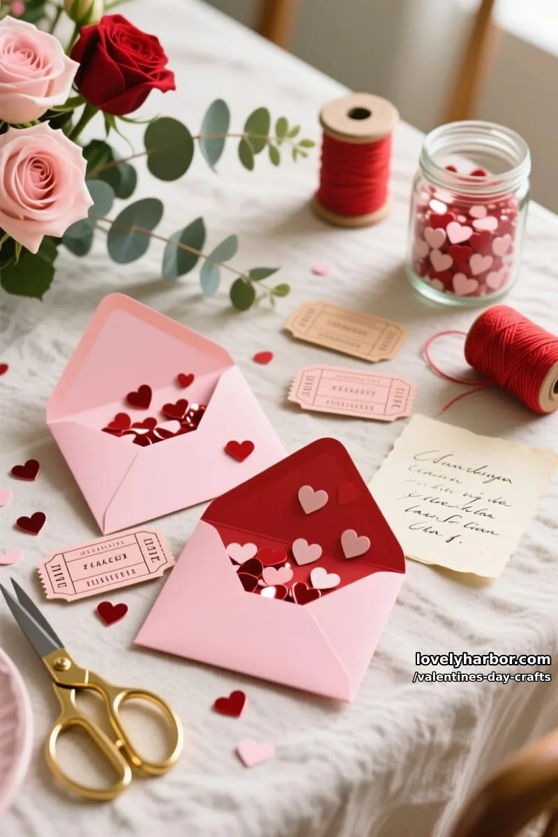 21 Unique Valentine’s Day Crafts to Warm Your Heart 5 diy love ticket envelopes with heart confetti inside and handwritten notes 1