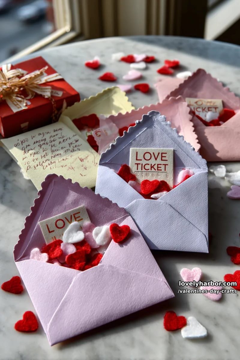 21 Unique Valentine’s Day Crafts to Warm Your Heart 7 diy love ticket envelopes with heart confetti inside and handwritten notes 1
