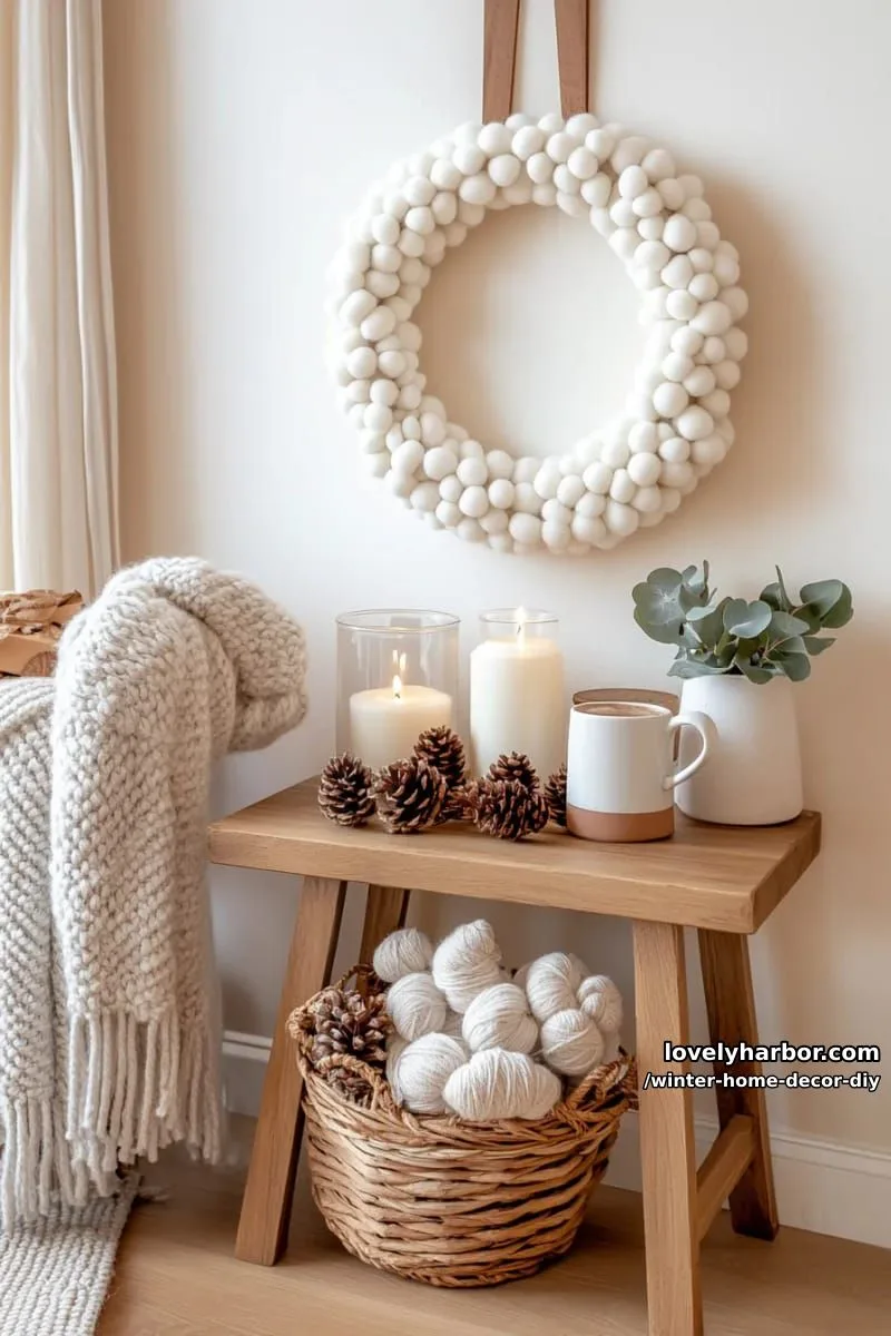 diy mini pom-pom wreath in creamy white for a cozy wall accent 1