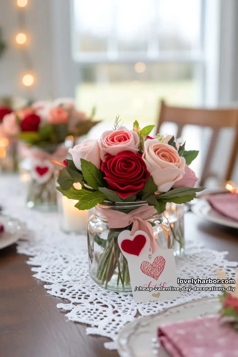 dollar store felt roses centerpiece in recycled glass jars tied with ribbon 1