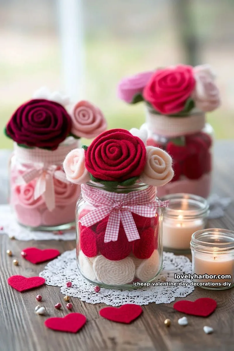 dollar store felt roses centerpiece in recycled glass jars tied with ribbon 1