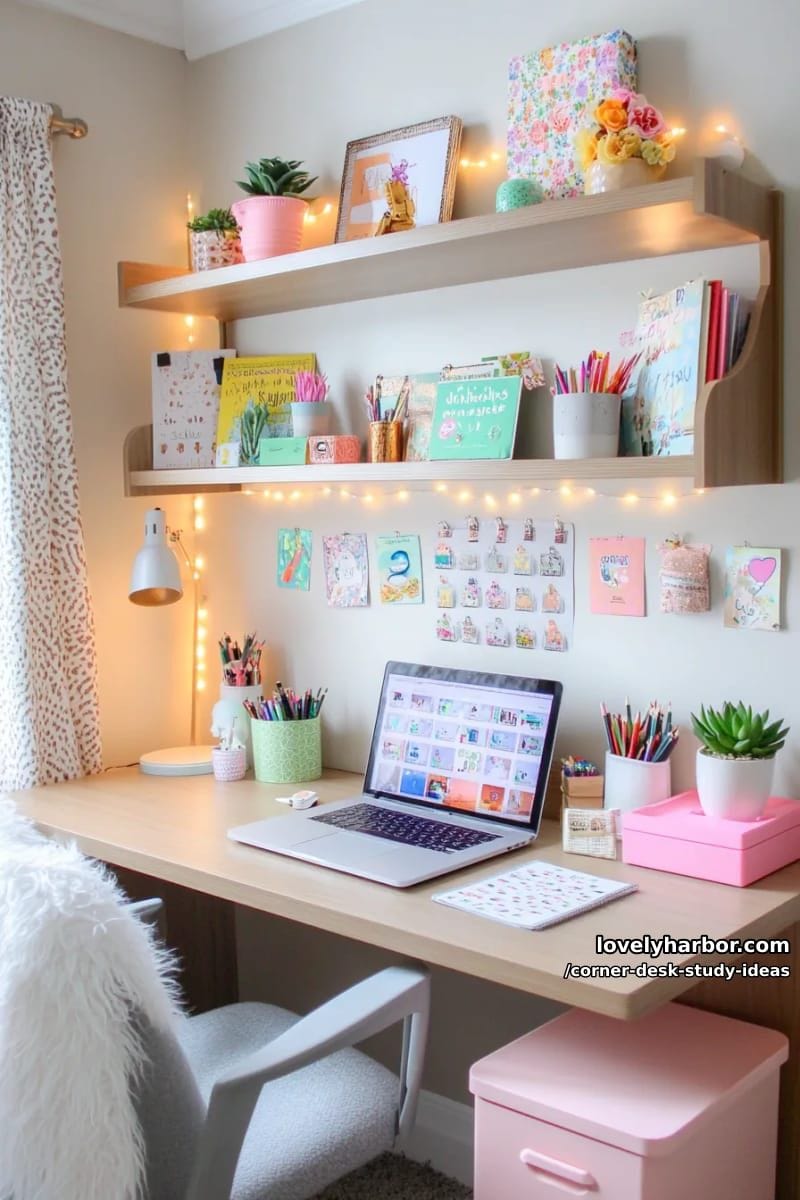 dorm-friendly mini corner desk with layered shelving and motivational quote prints 1