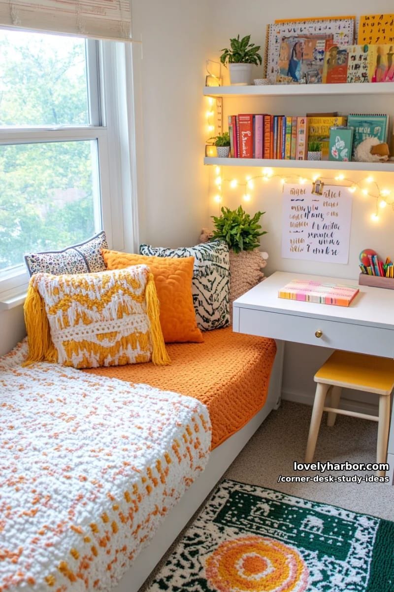 dorm-friendly mini corner desk with layered shelving and motivational quote prints 1
