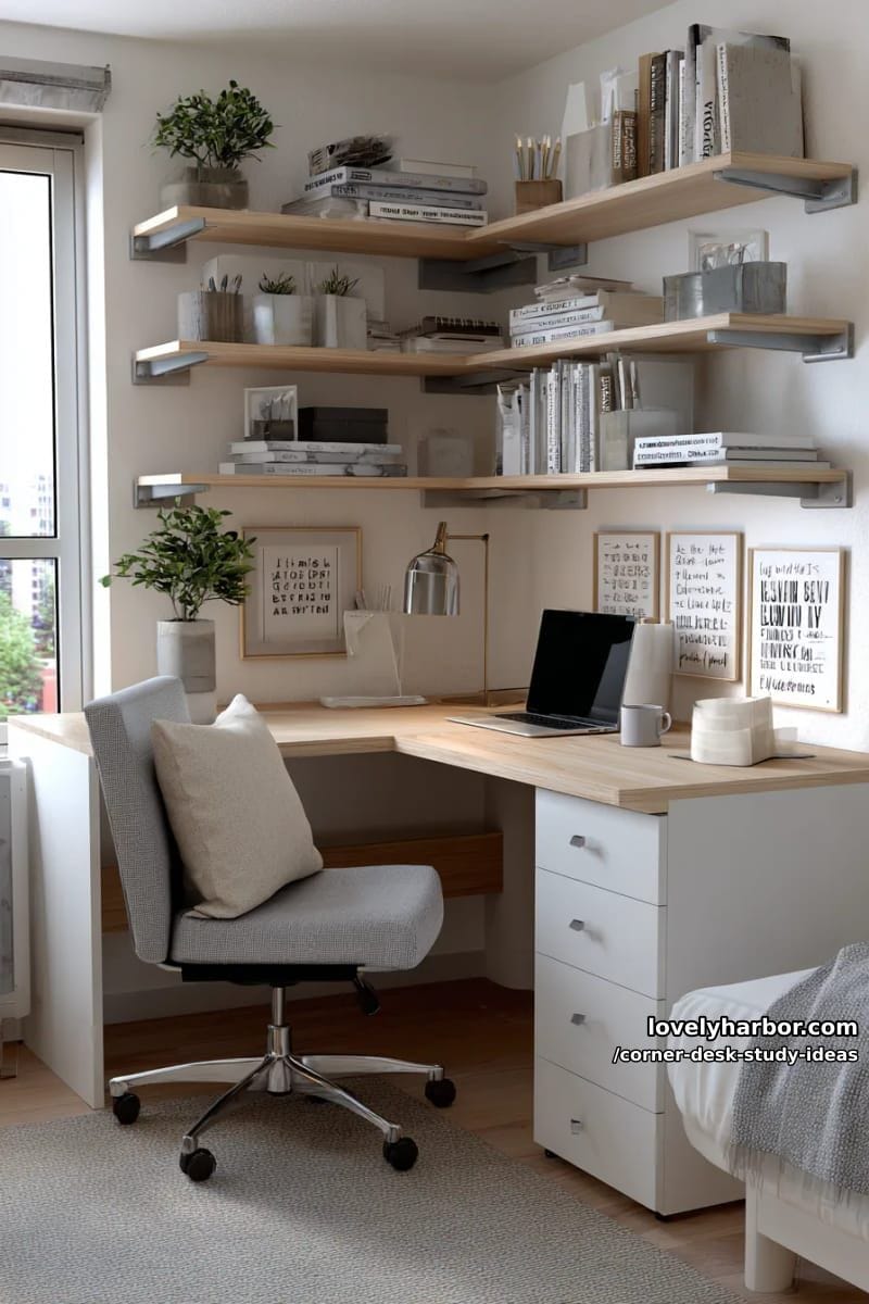 dorm-friendly mini corner desk with layered shelving and motivational quote prints 1
