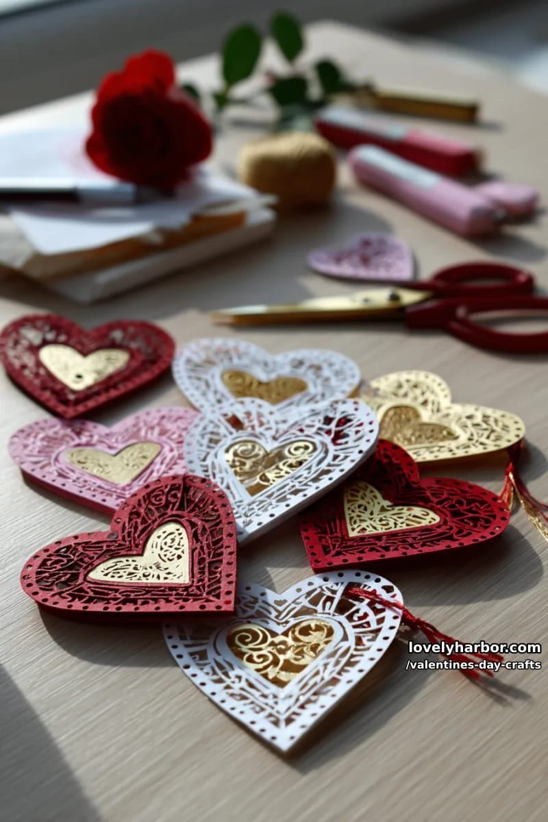 21 Unique Valentine’s Day Crafts to Warm Your Heart 78 double-layered heart bookmarks with cut-out patterned designs 1