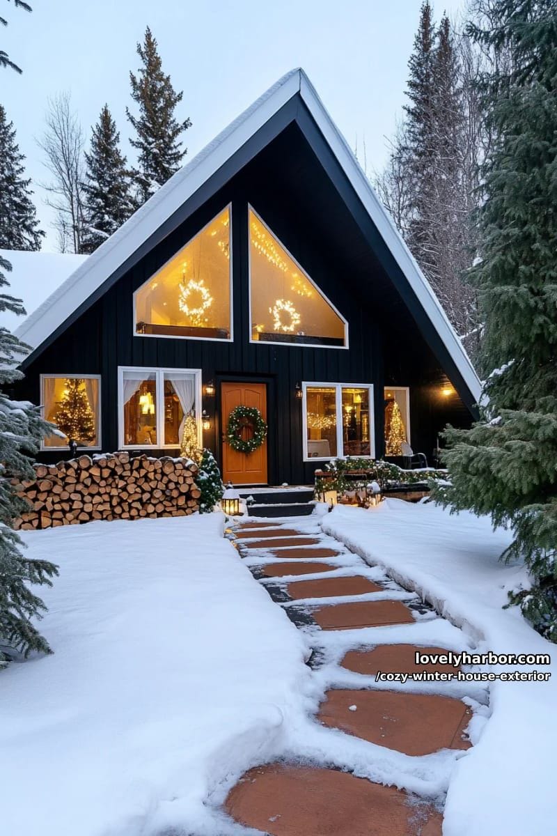 dramatic a-frame house exterior outlined in white holiday lights 1