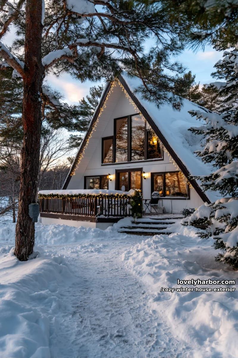dramatic a-frame house exterior outlined in white holiday lights 1