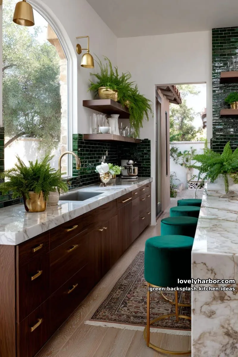 15 Green Backsplash Ideas for Modern Kitchens 7 dramatic emerald green zellige tiles with gold sconces above. 1