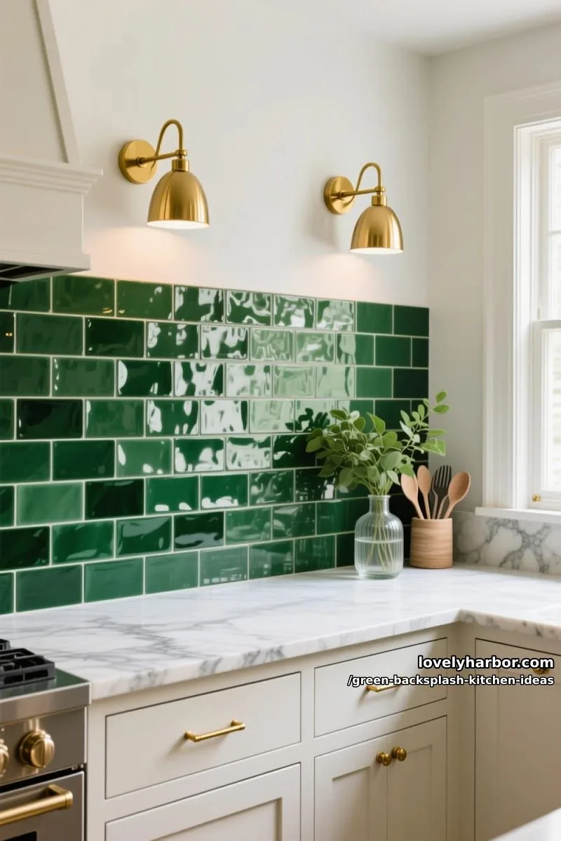 15 Green Backsplash Ideas for Modern Kitchens 8 dramatic emerald green zellige tiles with gold sconces above. 1