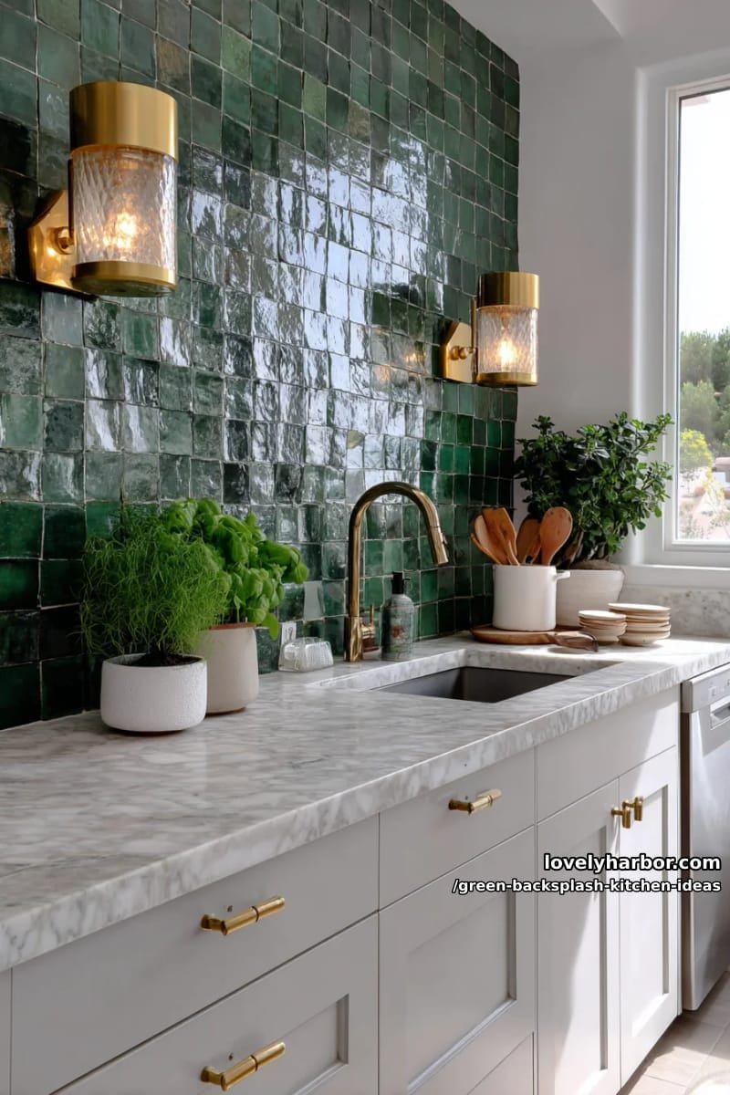 dramatic emerald green zellige tiles with gold sconces above. 1