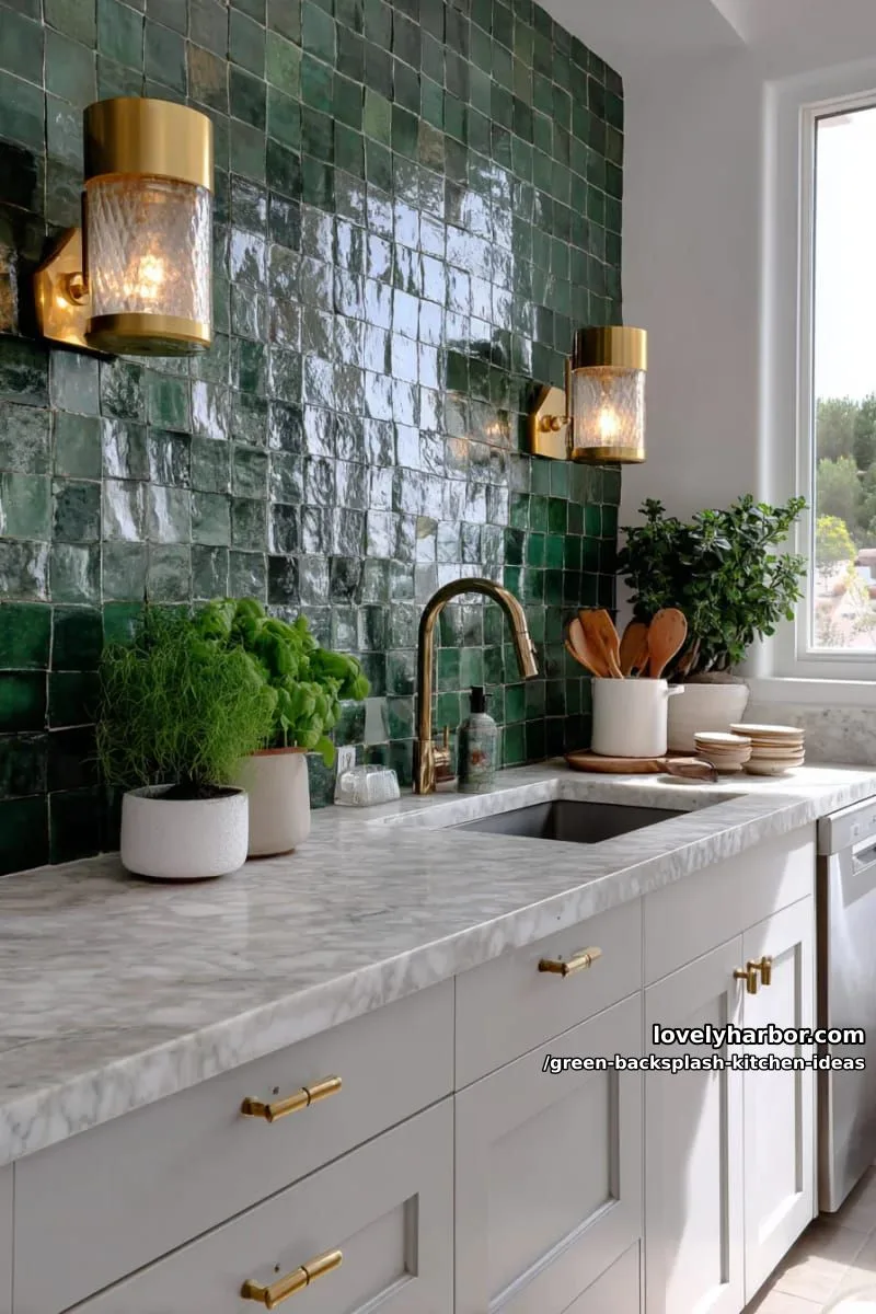 15 Green Backsplash Ideas for Modern Kitchens 9 dramatic emerald green zellige tiles with gold sconces above. 1