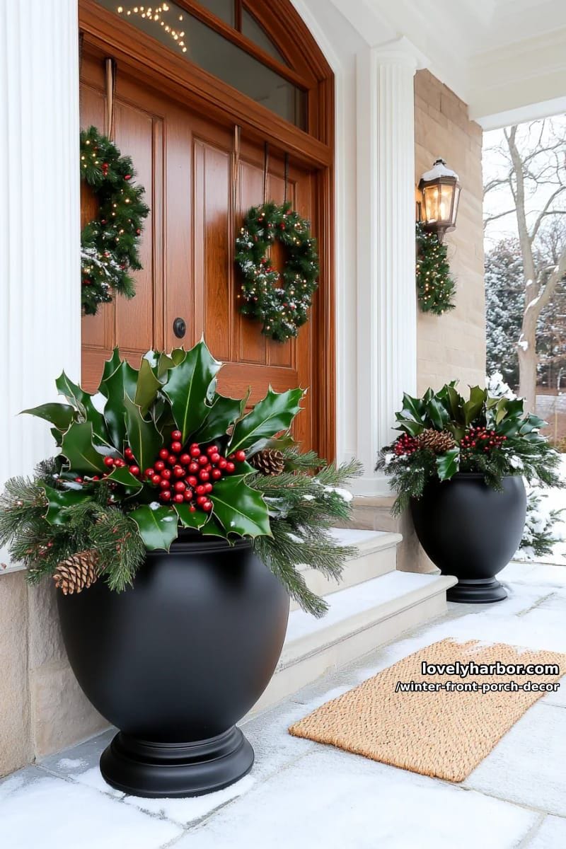 dramatic winter urns with magnolia leaves and fresh holly sprigs 1