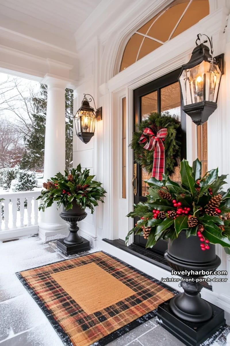 dramatic winter urns with magnolia leaves and fresh holly sprigs 1