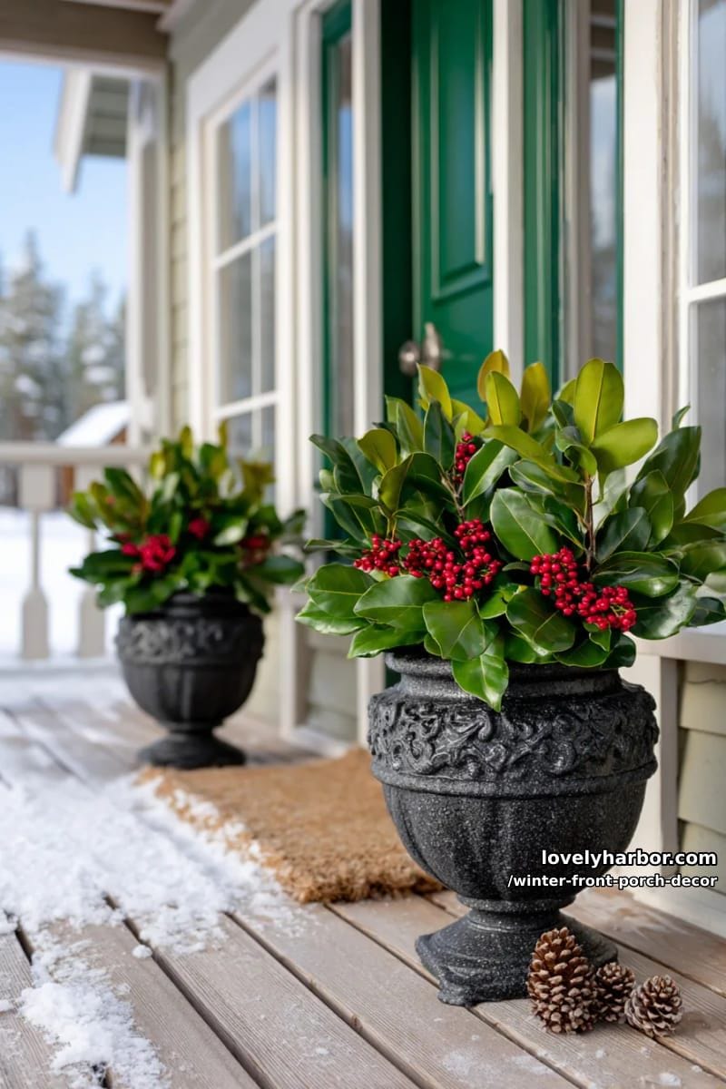 dramatic winter urns with magnolia leaves and fresh holly sprigs 1