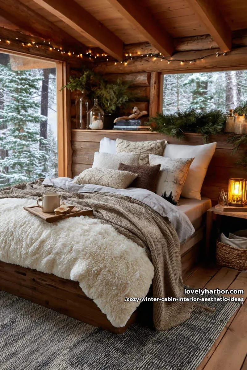 15 Cozy Winter Cabin Interior Ideas for an Aesthetic Retreat 14 drape beds in creamy sherpa blankets with woodland accent pillows. 1