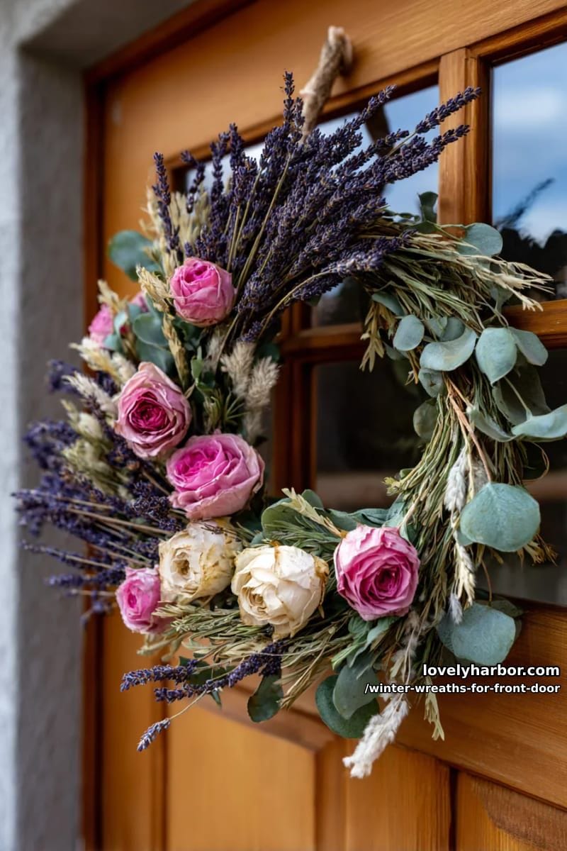 dried lavender and blush pink rose wreath for a soft winter look 1