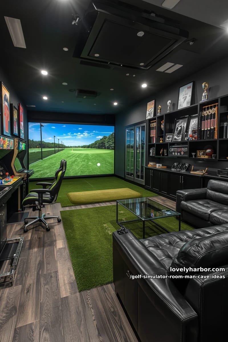dual-purpose golf and gaming room with arcade machines and sports memorabilia 1