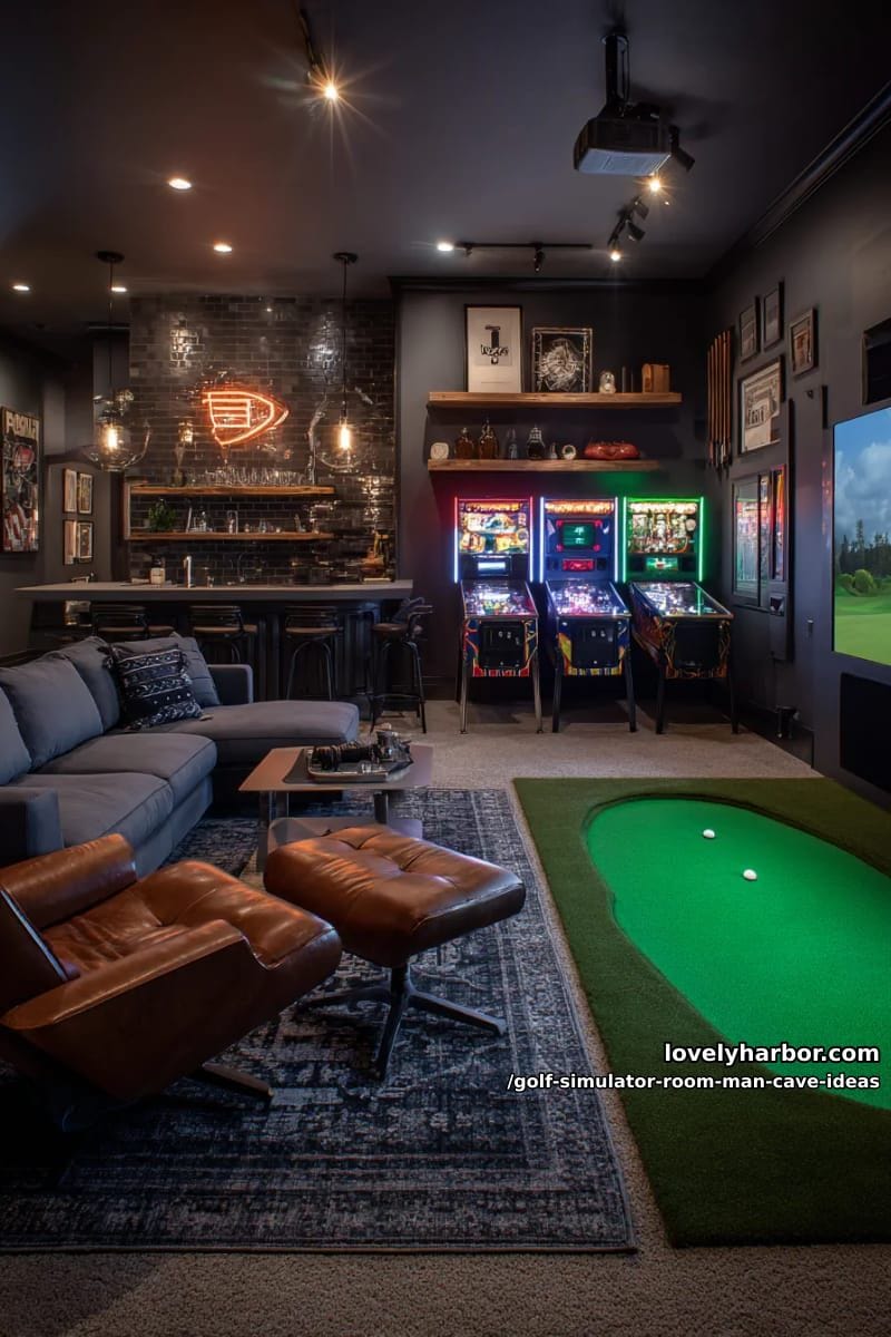 dual-purpose golf and gaming room with arcade machines and sports memorabilia 1