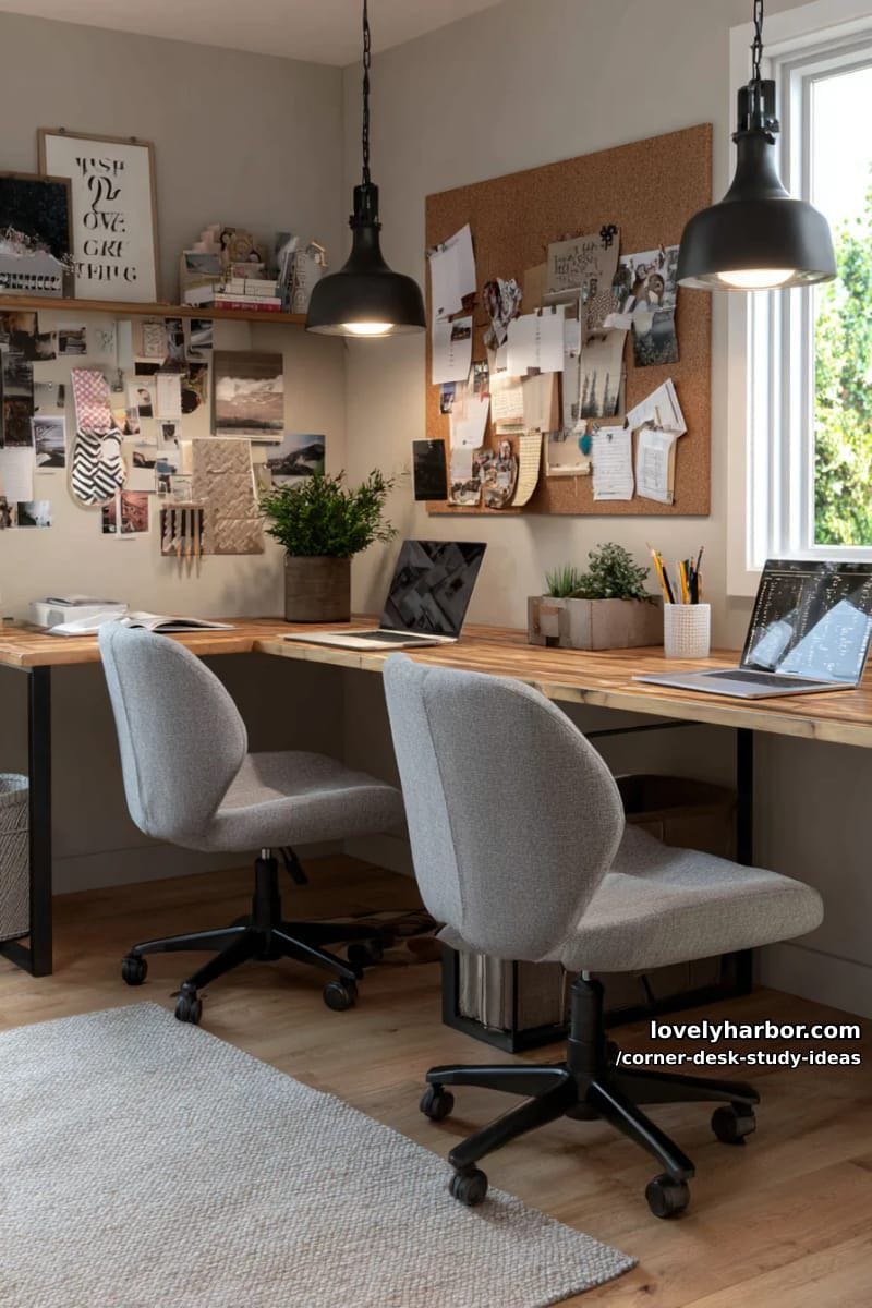 dual workspace: two corner desks meeting with shared moodboard and pendant lights 1