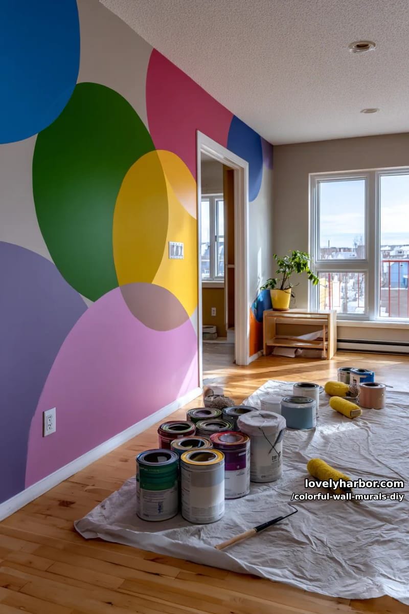 dynamic mural with overlapping translucent circles in jewel tones 1