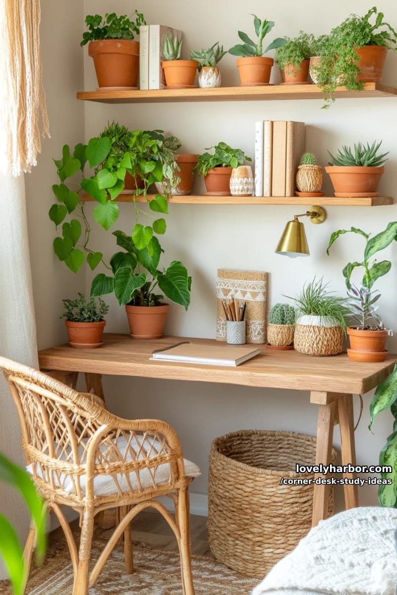 earthy-toned corner desk featuring terracotta planters and woven storage baskets 1