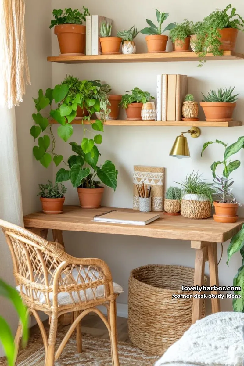 earthy-toned corner desk featuring terracotta planters and woven storage baskets 1