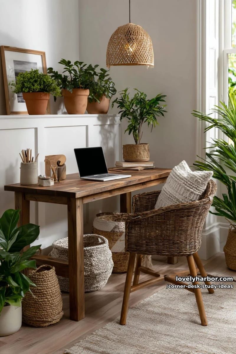 earthy-toned corner desk featuring terracotta planters and woven storage baskets 1