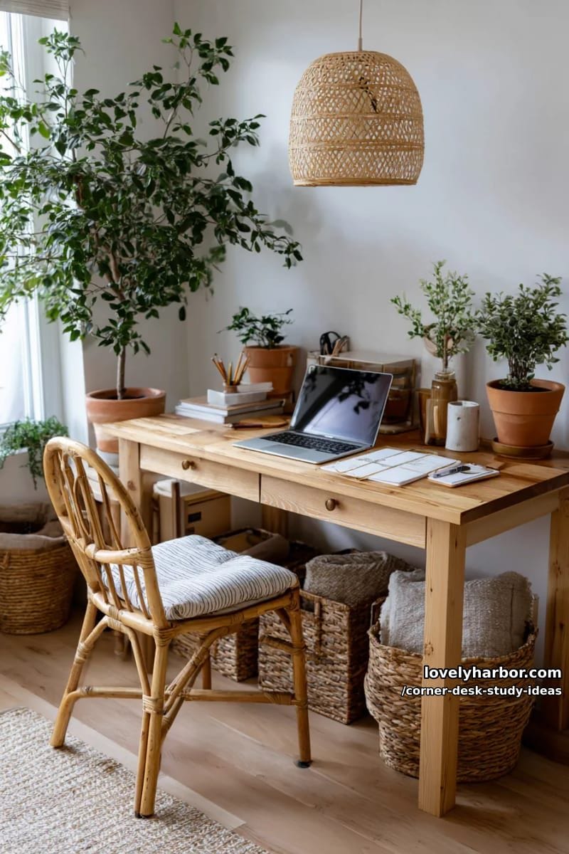 earthy-toned corner desk featuring terracotta planters and woven storage baskets 1