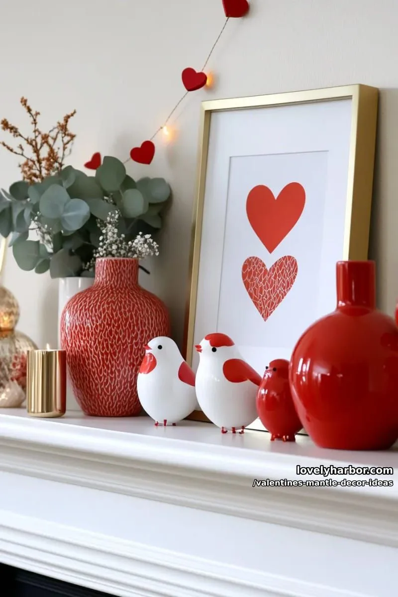 eclectic mix of ceramic lovebirds, red vases, and geometric heart prints 1