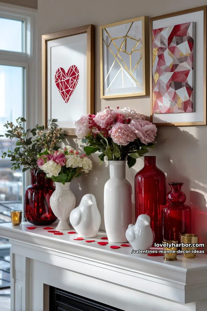 eclectic mix of ceramic lovebirds, red vases, and geometric heart prints 1