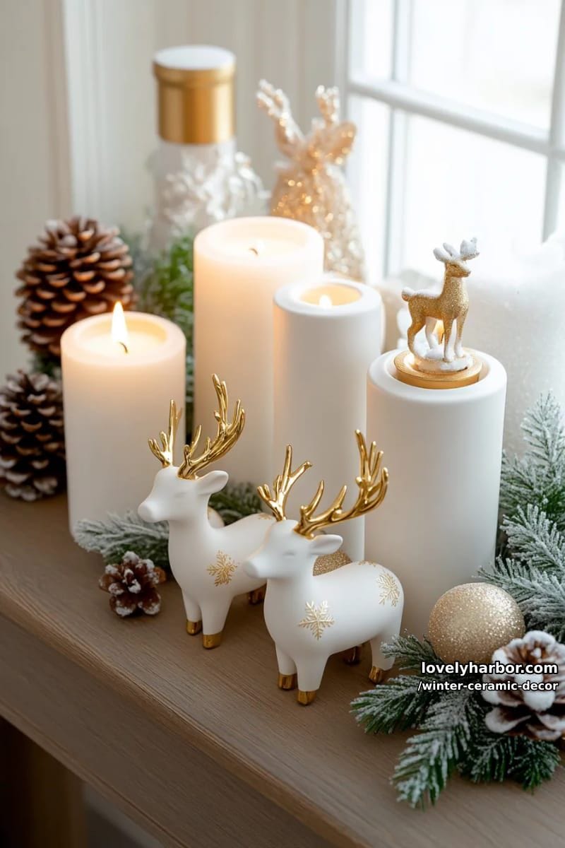 elegant ceramic deer figurines frosted in matte white and gold 1