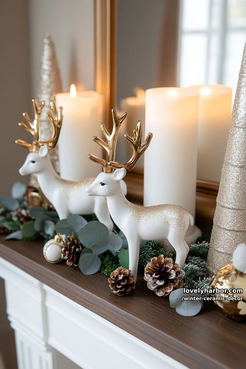 elegant ceramic deer figurines frosted in matte white and gold 1