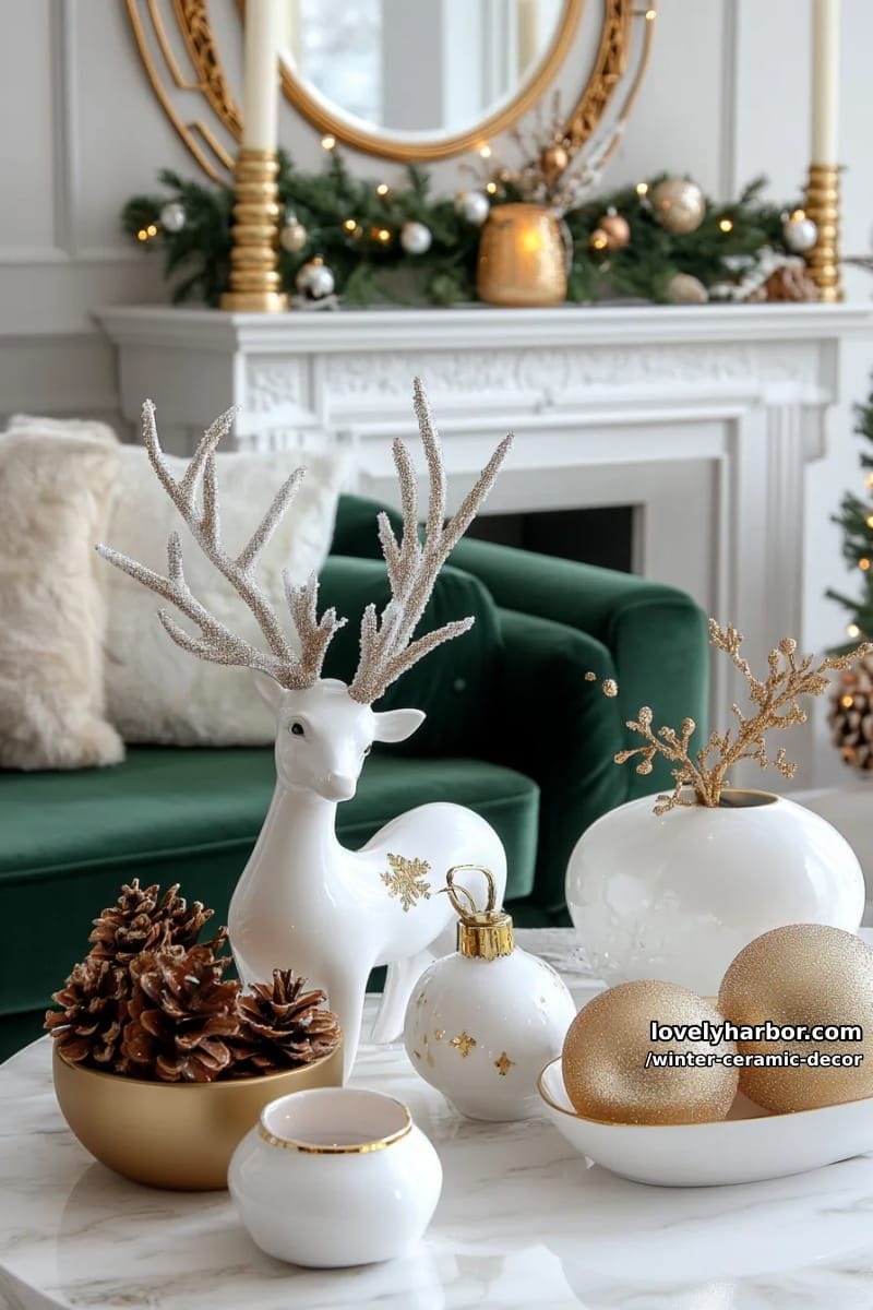 elegant ceramic deer figurines frosted in matte white and gold 1