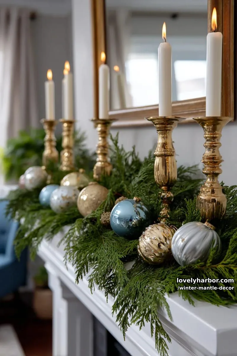 15 Stylish Winter Mantel Looks to Elevate Your Home 13 elegant gold candlesticks with lush cedar garland and vintage glass ornaments. 1