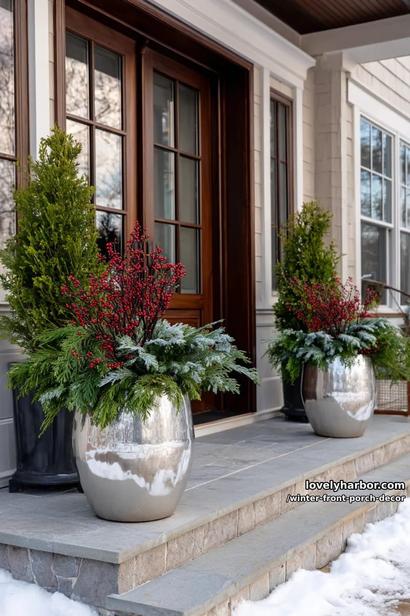 elegant silver planters overflowing with cedar, juniper, and red dogwood 1