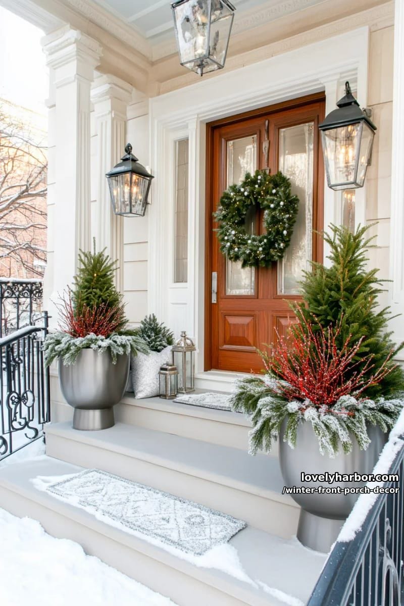 elegant silver planters overflowing with cedar, juniper, and red dogwood 1