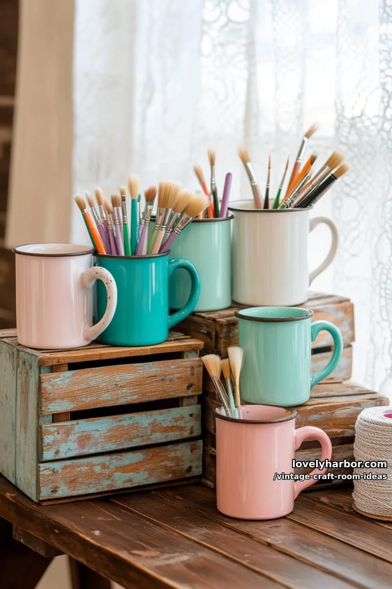 enamel mugs and wooden crates used as portable brush and marker holders 1