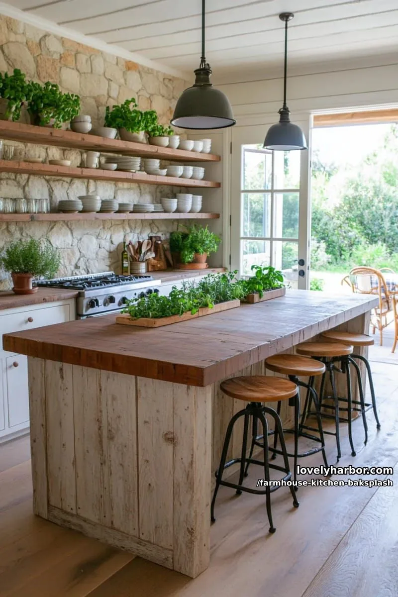 exposed stone backsplash paired with reclaimed wood kitchen island 1