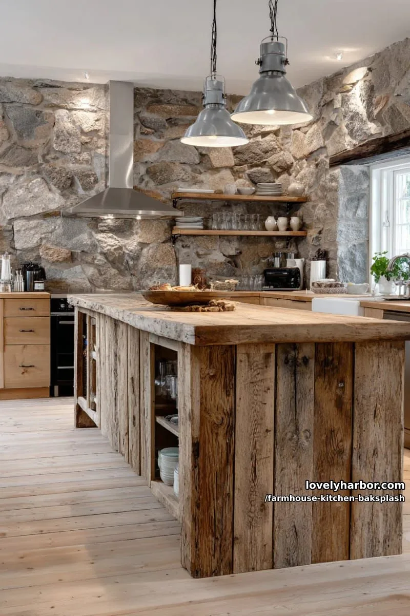 exposed stone backsplash paired with reclaimed wood kitchen island 1