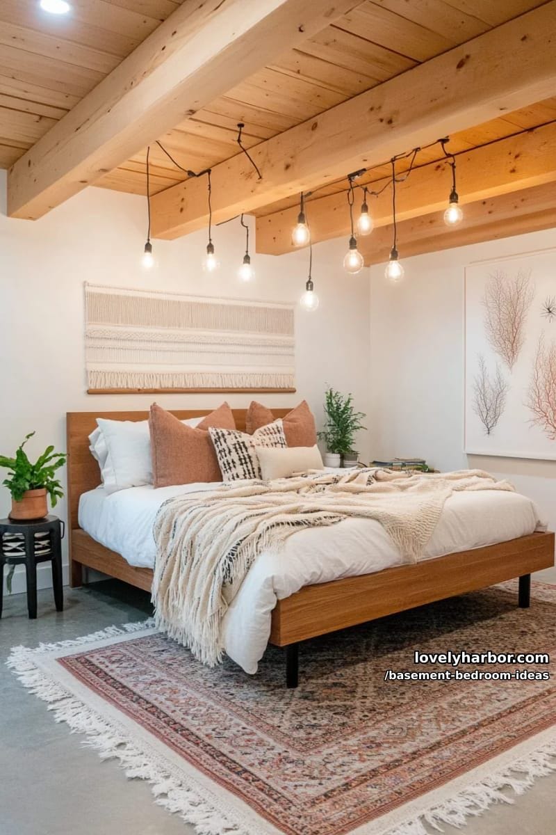 exposed wood beam ceiling with industrial edison bulbs and concrete floors 1
